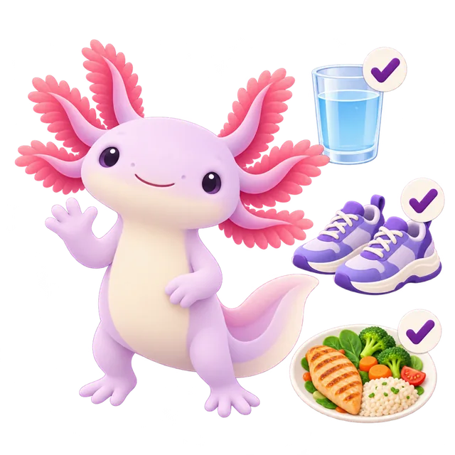 Xoli waving beside a glass of water, shoes and a meal, each ticked